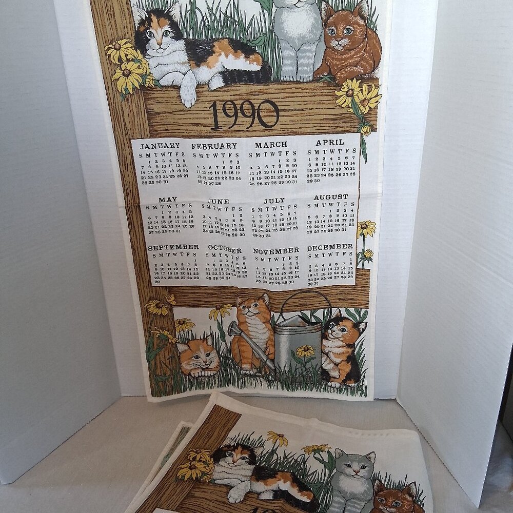 2 Vintage cat kittens daisy flowers watering can Tea Dish Towel Calendar 1990